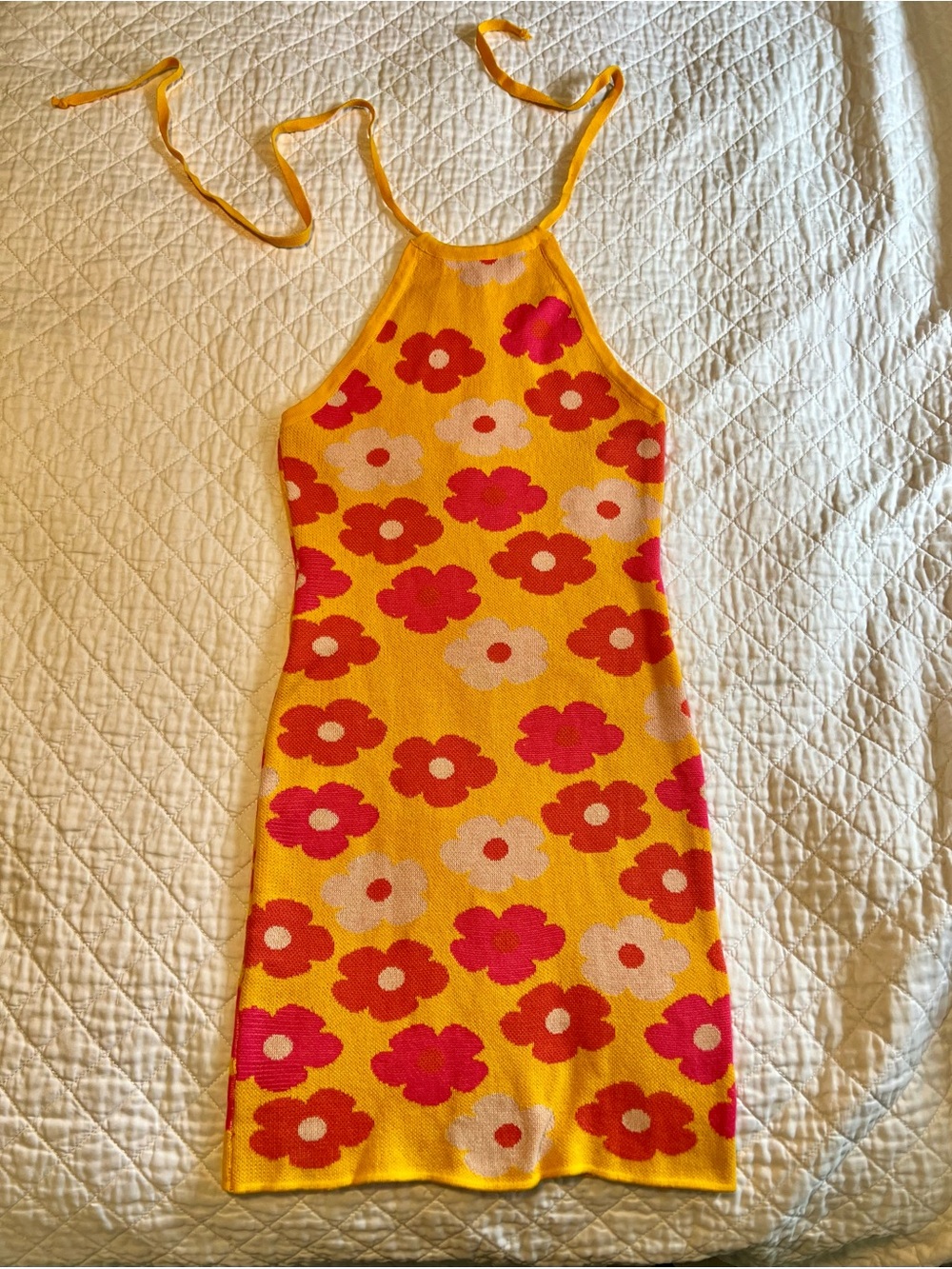 Altar’d State Yellow Floral Knit Halter Mini Dress Tie Straps Size S Floral